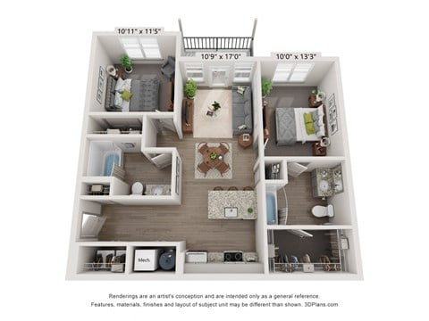 Floor plan for 2 beds, 2 baths, 991 sqft